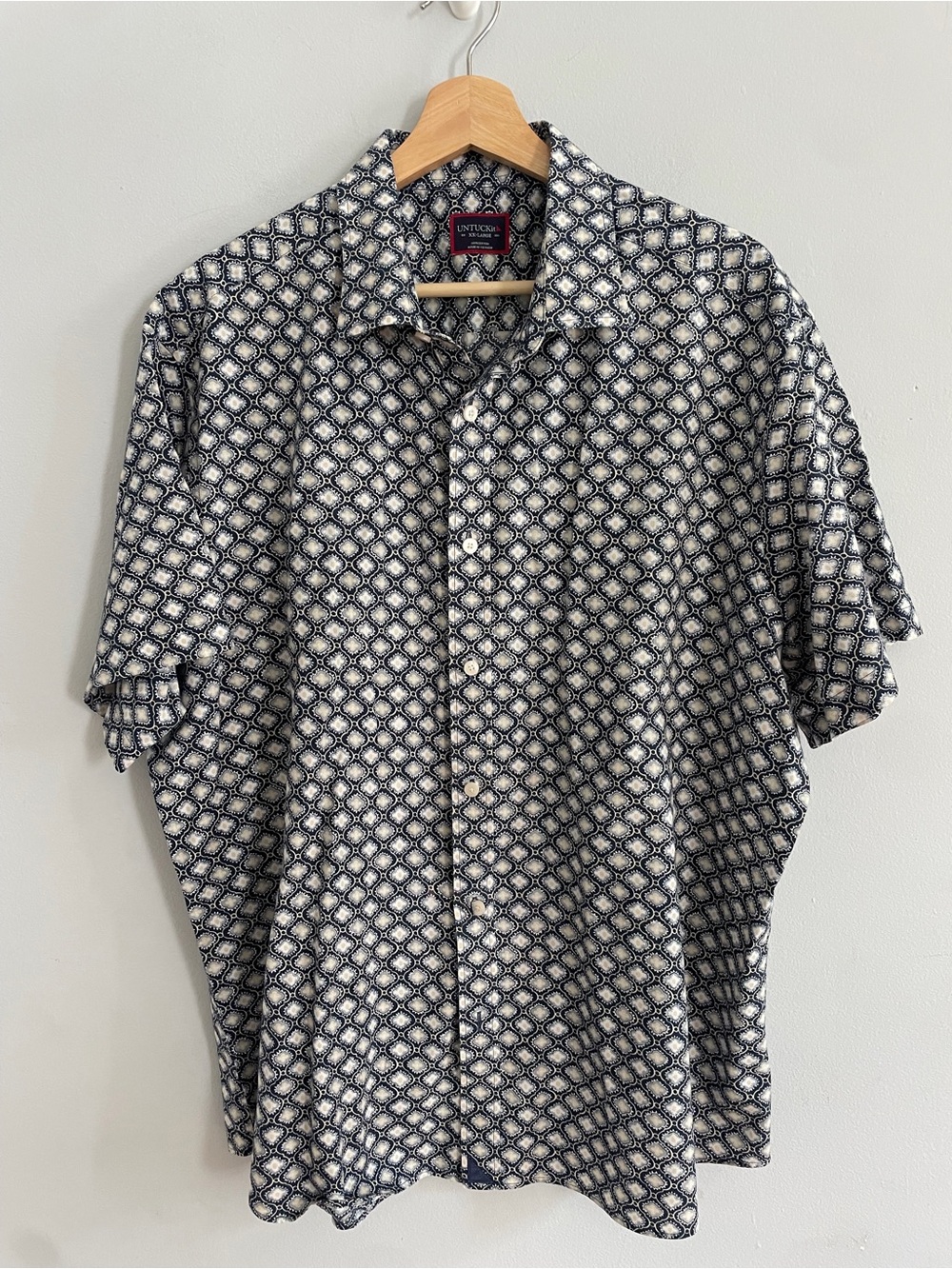 Untuckit Short Sleeve Geometric Print Navy Button Down Shirt 100% Cotton XXL